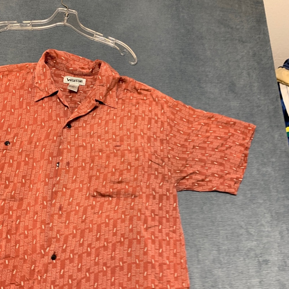 Vtg Visitor Shirt Mens Large Orange Silk Geometric Pocket Button Up Resort Wear